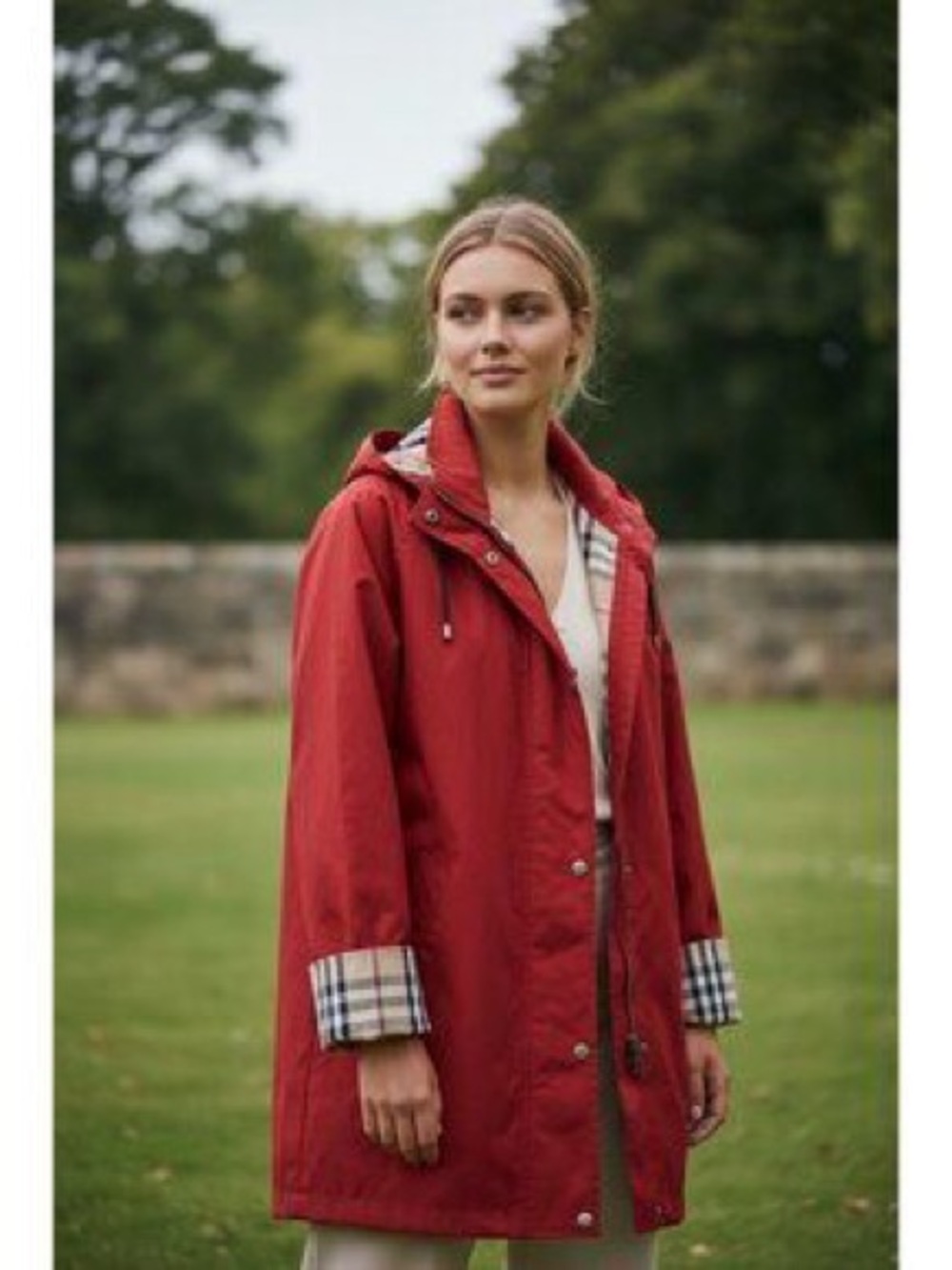 Burberry Rain coat Red Smooth Plaid Lining Hood wool insert jacket  S
